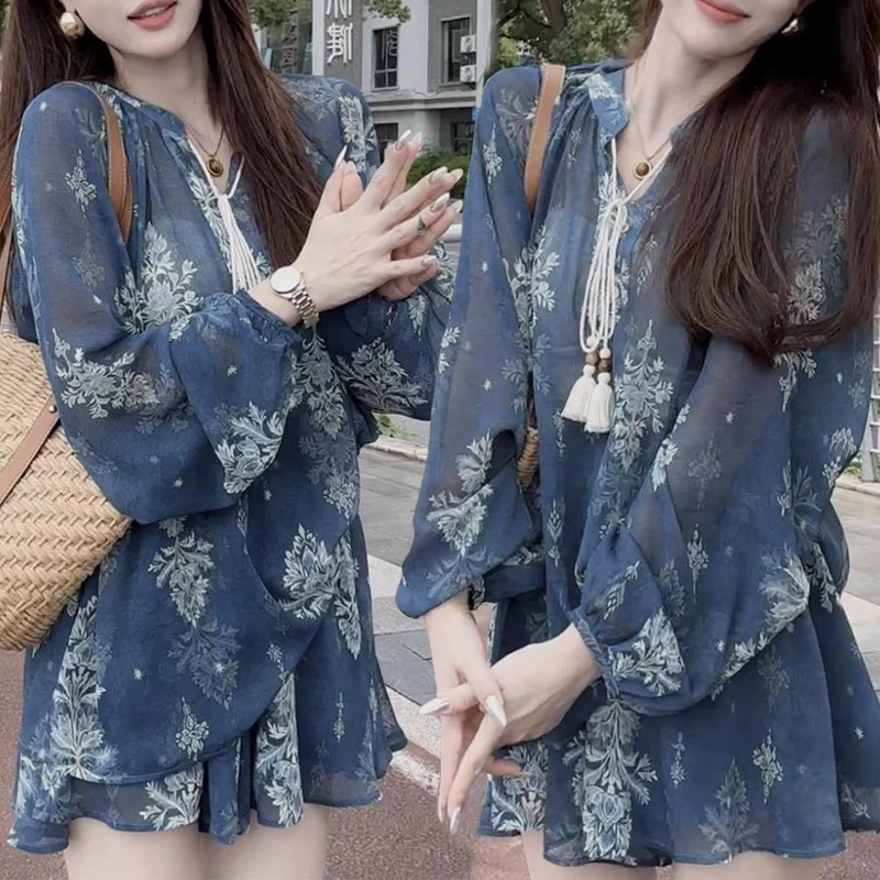 法式复古碎花夏季女连衣裙新中式长袖衬衫短裤两件套女生高级感潮