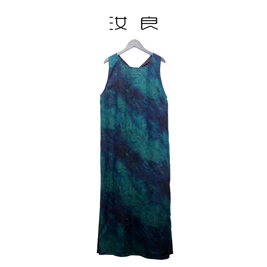 星空红云纱后背扭结连衣裙