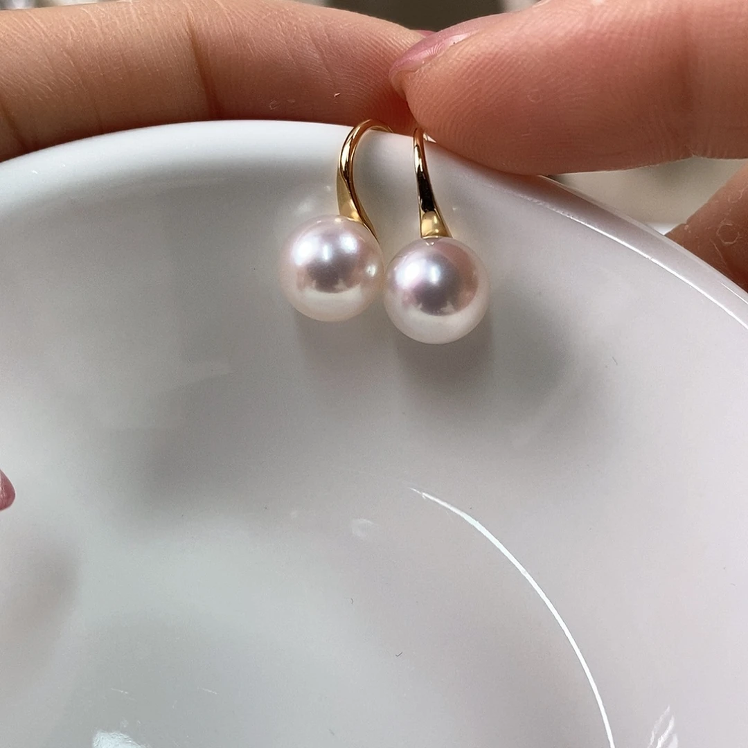 18K金镶嵌耳饰海水珍珠8.5-9mm日本海水珍珠耳钉（天女品质）