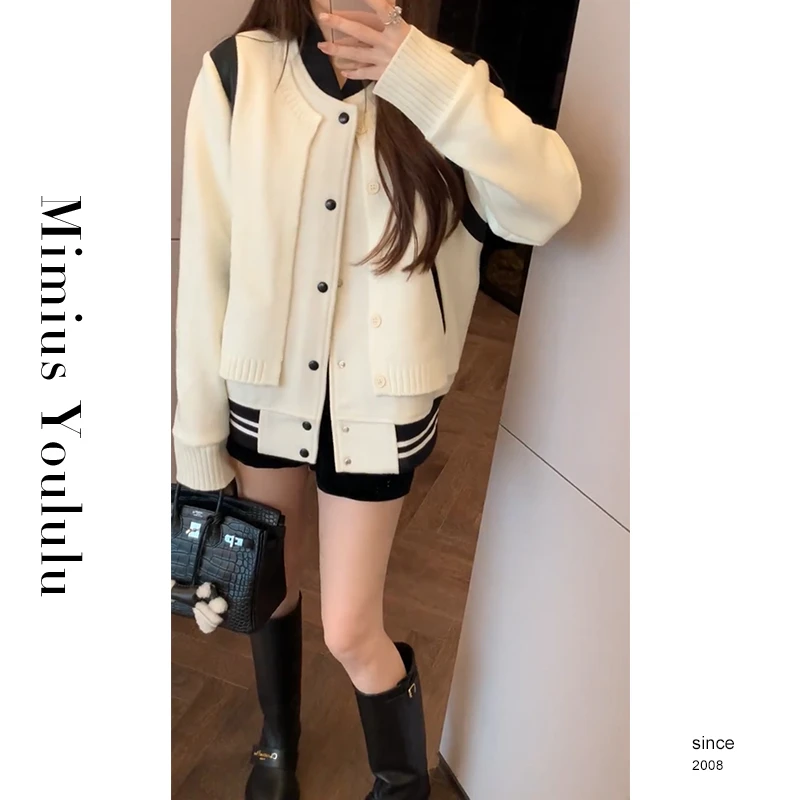 【mimius】&喵喵 双层设计小众羊 毛拼接棒球服 F10069