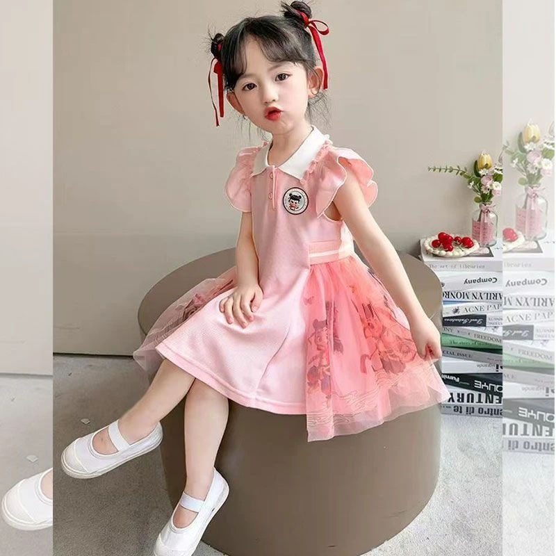 女童夏装公主风纱裙夏季2025新款小女孩卡通贴标纽扣拼色公主裙潮