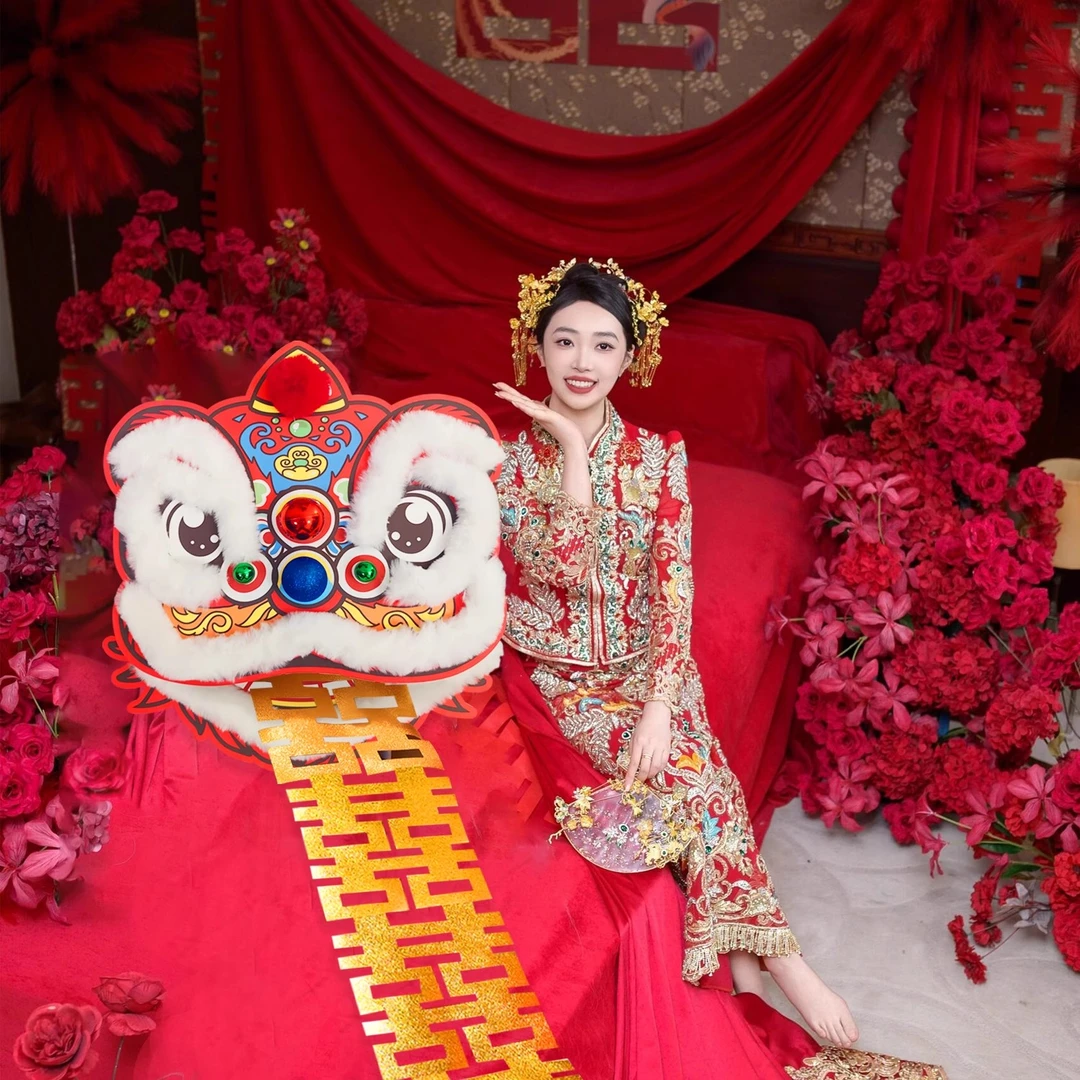 菲寻结婚装饰醒狮婚房布置纸鸢花狮子头摆件婚礼晨袍背景拍照道具