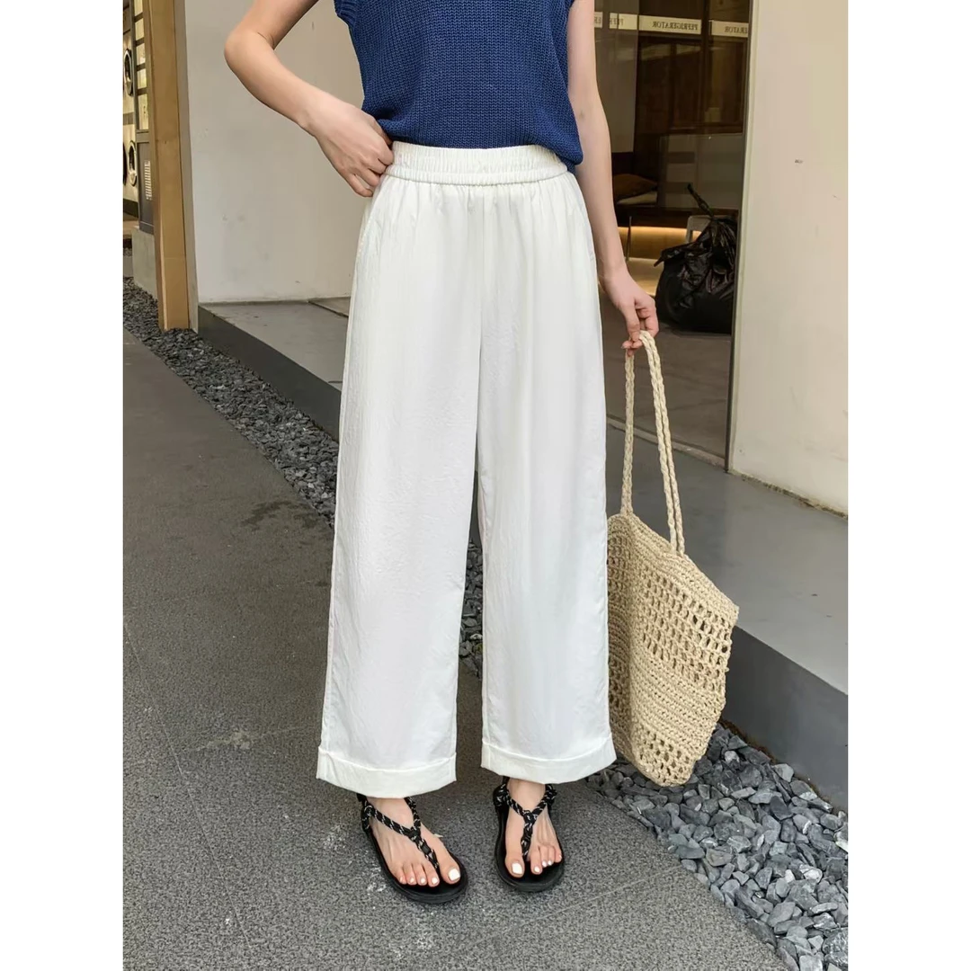 5521#阔腿裤纯色松紧腰男友风高腰夏季口袋休闲裤垂感宽松百搭