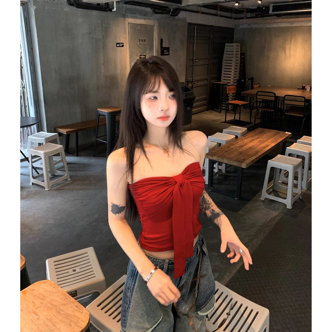 蝴蝶结系带抹胸背心女夏季纯欲风性感裹胸内搭红色甜辣妹上衣外穿