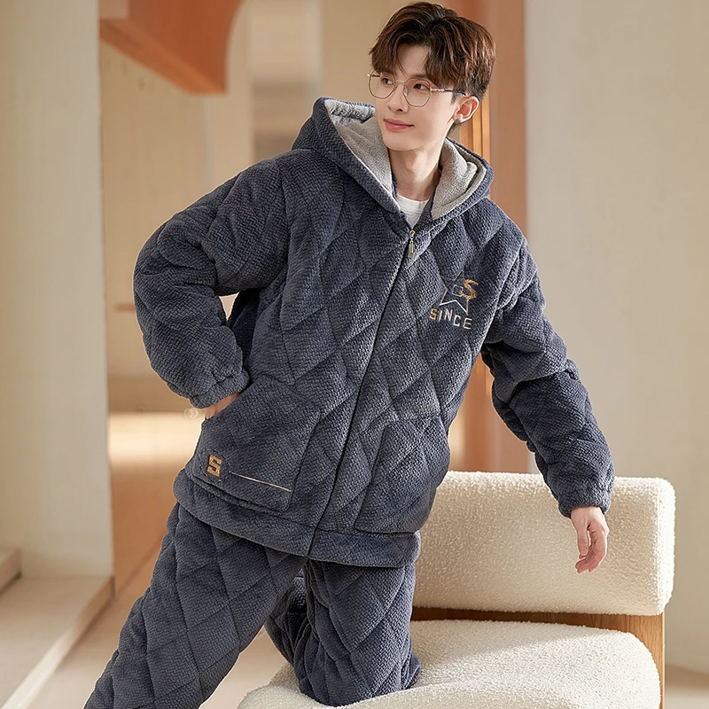 新款睡衣男冬季三层夹棉2025珊瑚绒连帽法兰绒简约保暖家居服套装