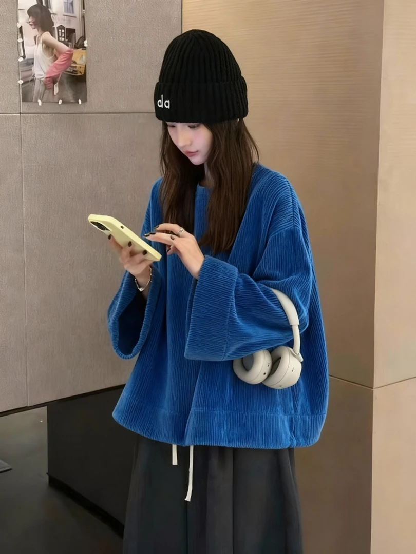 巨好看的深蓝色灯芯绒卫衣秋冬女款加厚宽松慵懒风超好看韩系上衣