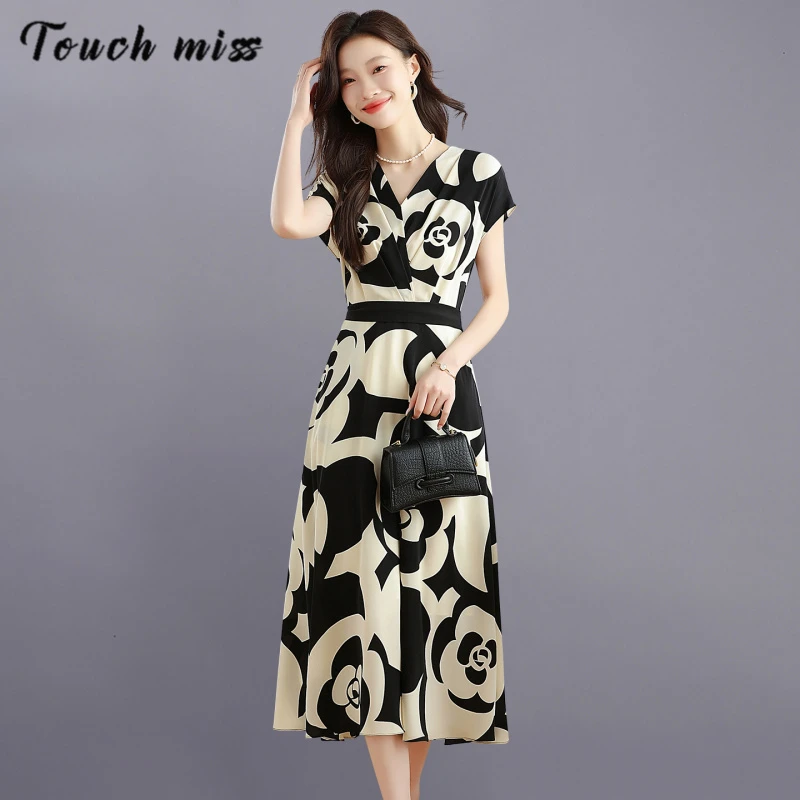 TOUCH MISS 雪纺印花v领连衣裙女夏季2025新款轻奢高级感气质收腰