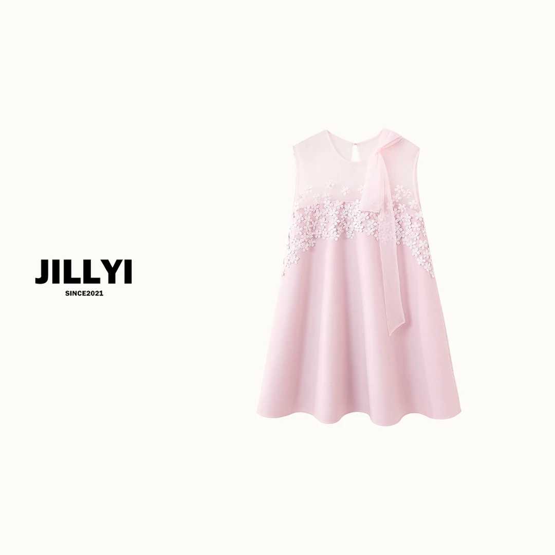 JILLYI南山店【樱花树下】樱花粉色圆领满满花朵少女感网纱连衣裙