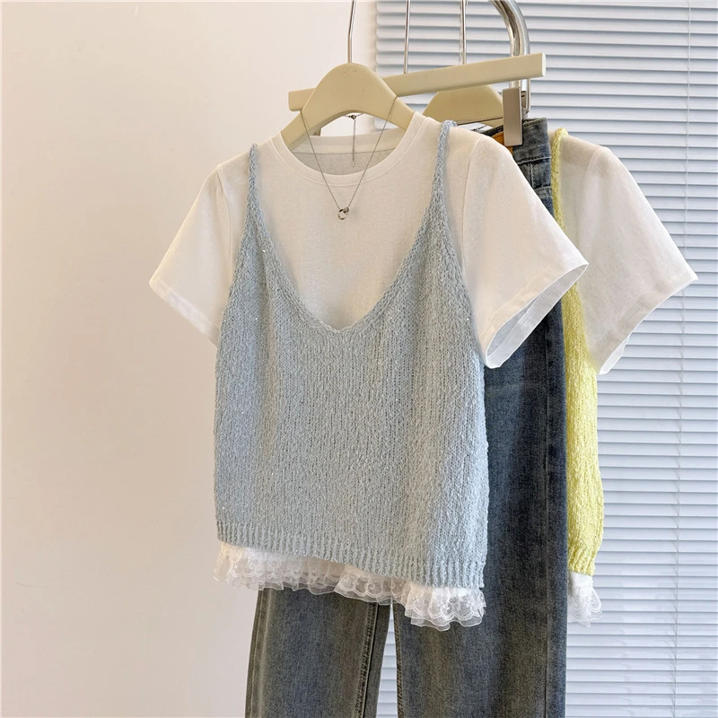 甜妹风蕾丝下摆短袖T恤女夏2025新款洋气叠穿针织吊带背心两件套