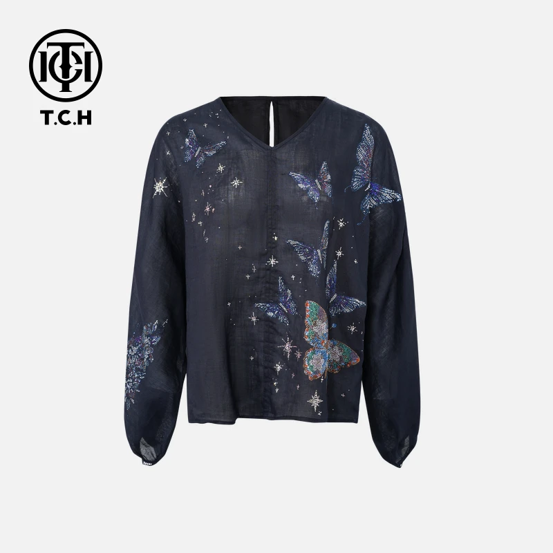 TCH私服烫钻工艺时尚休闲百搭蝴蝶衬衣女T75B13E5046轻奢tch