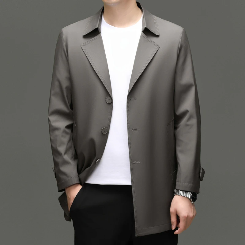 中长款风衣男秋季新款商务休闲单排扣翻领时尚帅气爸爸装外套