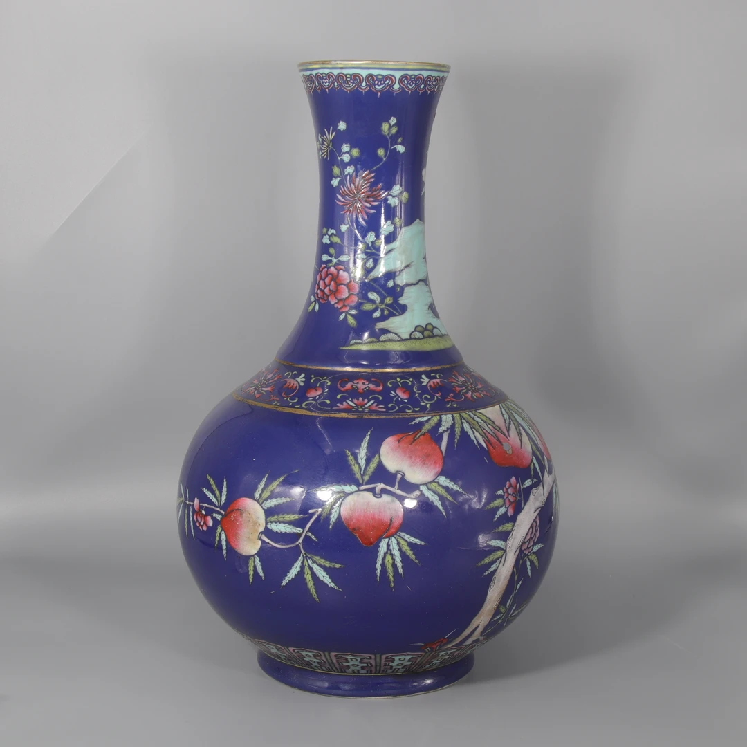 蓝釉粉彩福寿纹赏瓶  H412-279