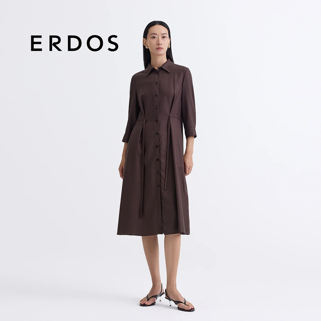 ERDOS 【蝉翼纺】粉末咖啡色前腰抽绳设计衬衫裙【东方美人】25年新品