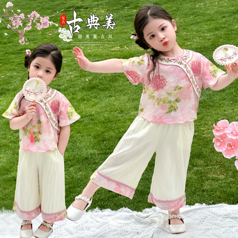 女童洋气中式薄款夏季汉服套装宝宝2025新款国风高端小女孩古装潮