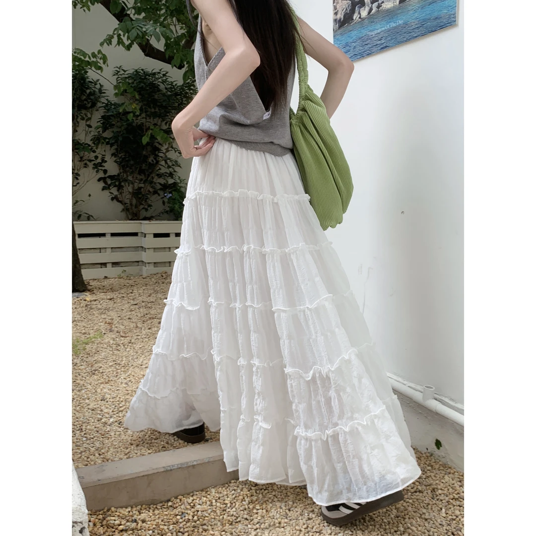 新款韩版百搭显瘦A字裙木耳边拼接蛋糕裙高腰白色夏季长裙半身裙