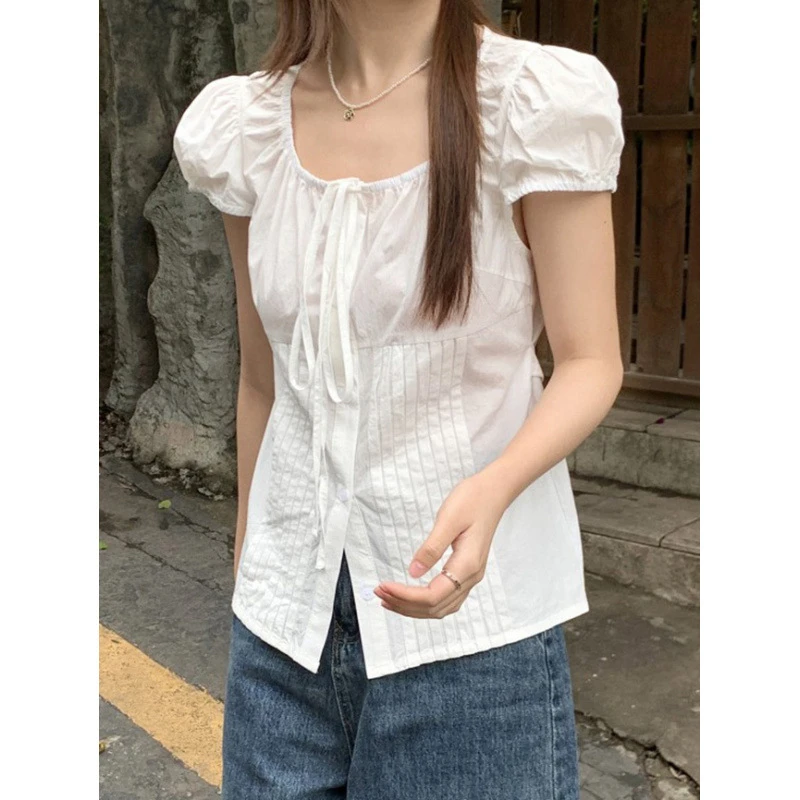 白色泡泡袖衬衫女2025夏季新款宽松显瘦系带衬衣设计感领上衣夏