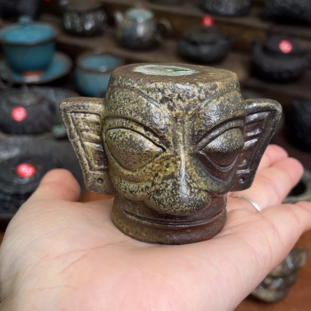 碟柴烧三星堆人脸像盖置茶宠