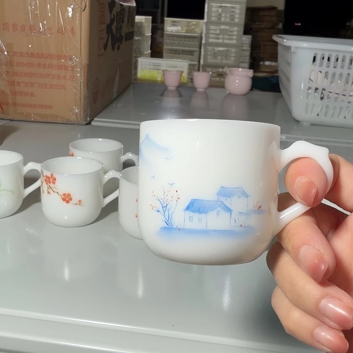 孤品手绘打样璞玉耳朵杯房子
