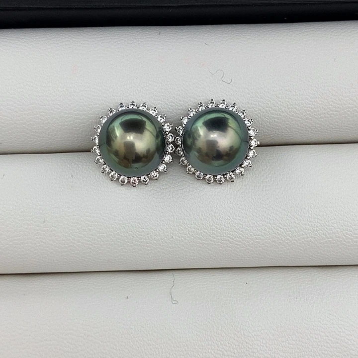 18K金镶嵌耳饰海水珍珠孔雀绿11-12mm 27号