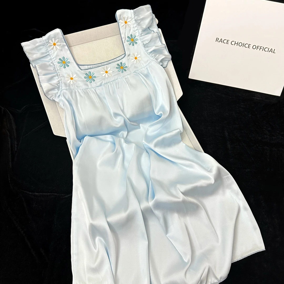 2025夏季新款爆款冰雪丝睡裙女带胸垫凉感丝滑绣花气质家居中长裙