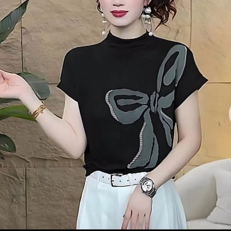 #2527秋季新款半高领短袖T恤打底衫休闲遮肚时尚百搭印花减龄显瘦