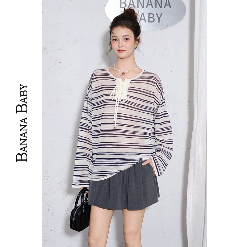 BANANA BABY2025年新款韩系慵懒风条纹针织衫女系带长袖D2F3MY553