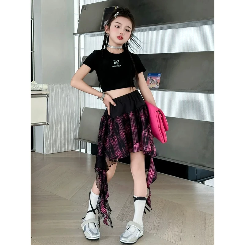 女童短袖半身裙套装夏季2025新款女孩洋气纱裙大童夏天短裙两件套