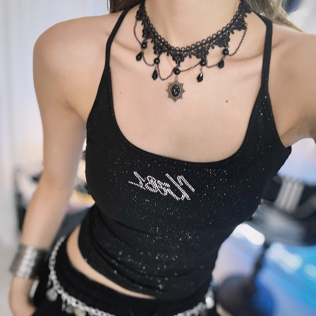 【带胸垫】黑色细闪无袖工字吊带背心夏季新款修身显瘦上衣069