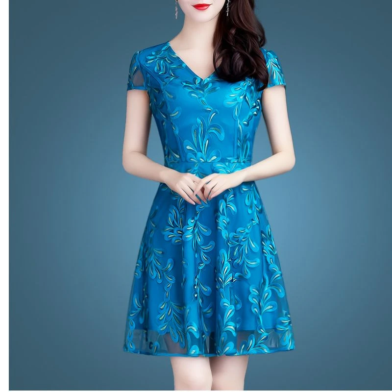 【品牌特价】4392气质短袖网纱裙子遮肚子新款显瘦V领连衣裙【L/XL】