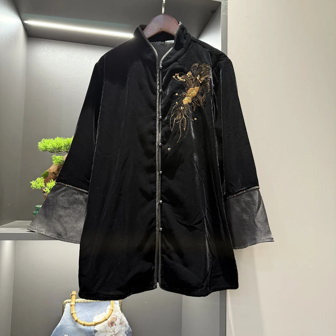 中式开衫复古盘扣传统改良气质丝绒秋季刺绣宽松开衫7012