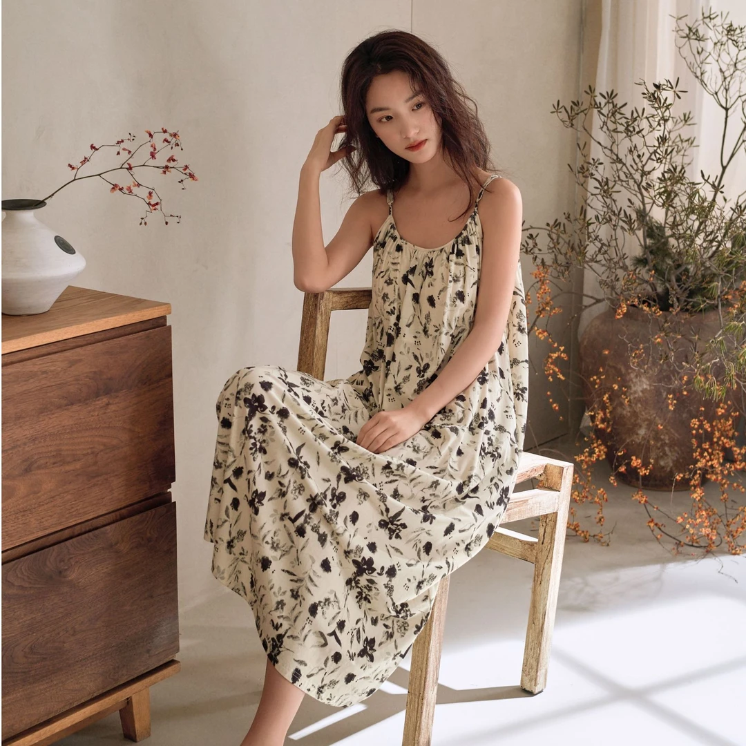 夏季胸垫吊带中长款简约文艺风女睡裙连衣裙宽松33201