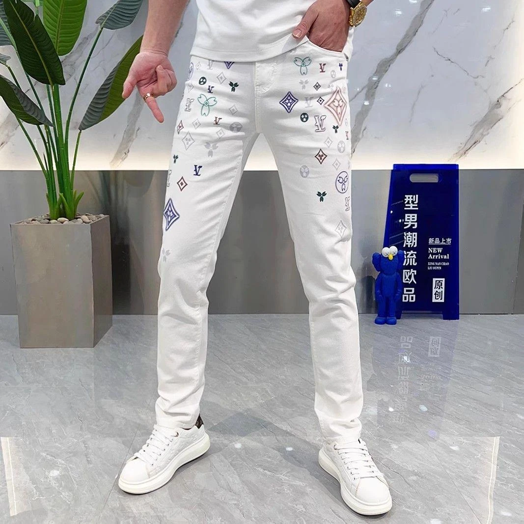 2025夏季新款白色牛仔裤男欧洲站网红印花百搭潮流修身小脚裤长裤