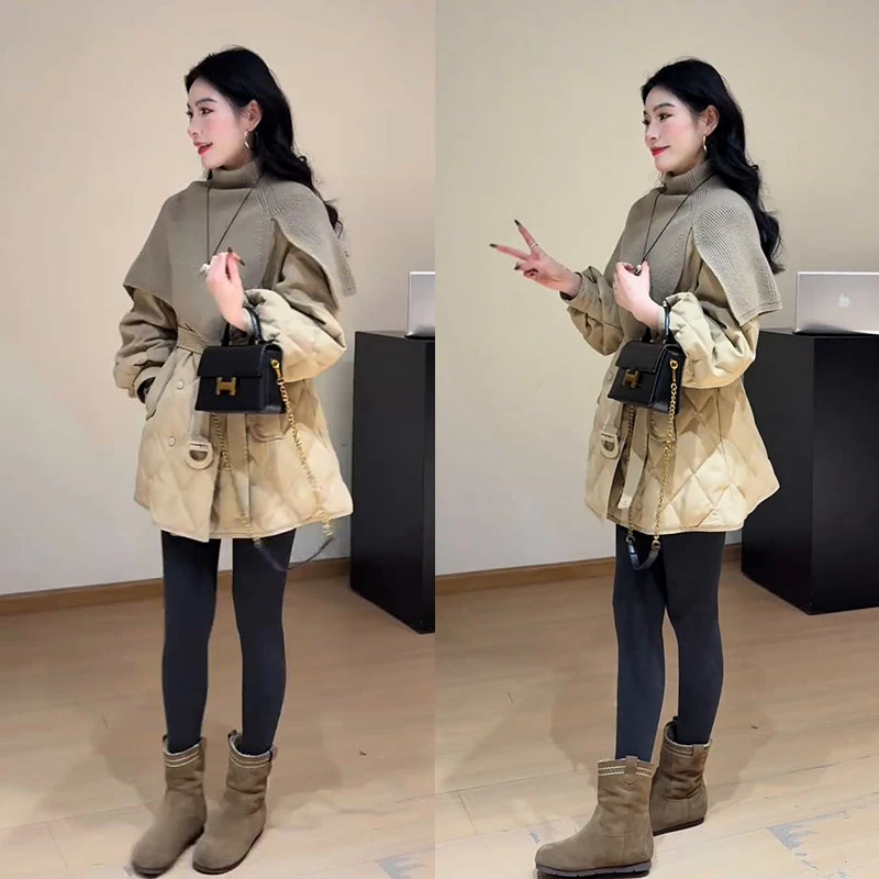 冬季超火一整套女2025新款针织披肩斗篷菱格棉服外套鲨鱼裤三件套