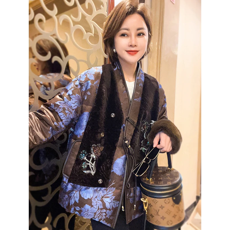 皮毛一体拼接桑蚕丝鹅绒羽绒服女冬季新款加厚外套上衣25111617