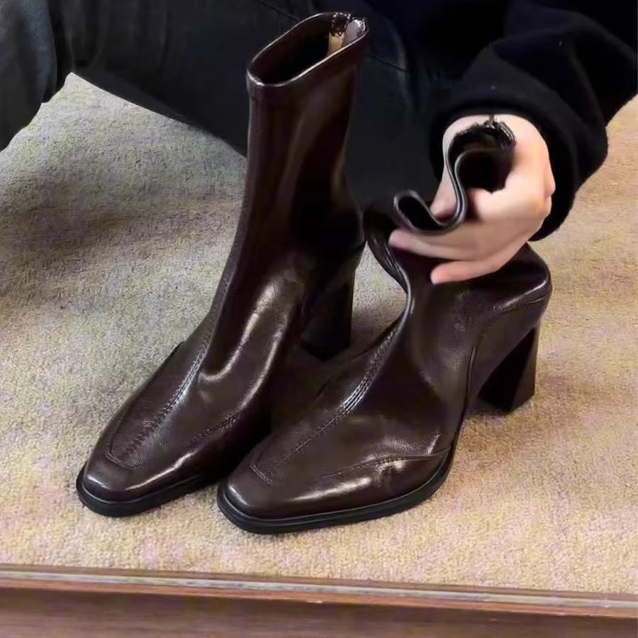 现货2025秋冬新款法式复古瘦瘦靴高跟粗跟短靴女小方头弹力靴