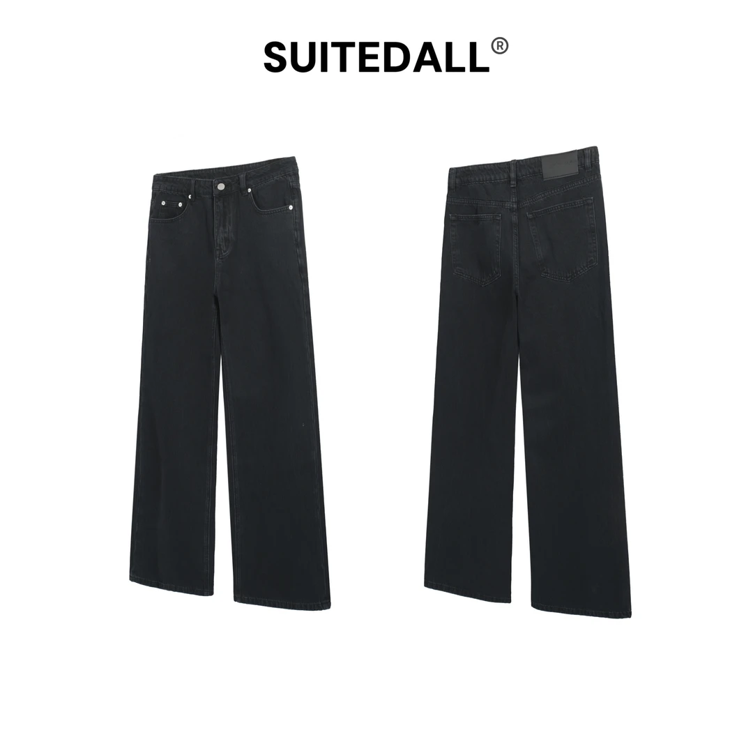 SUITEDALL“2021M”净版黑灰色 宽松直筒微喇叭百搭显瘦水洗牛仔裤