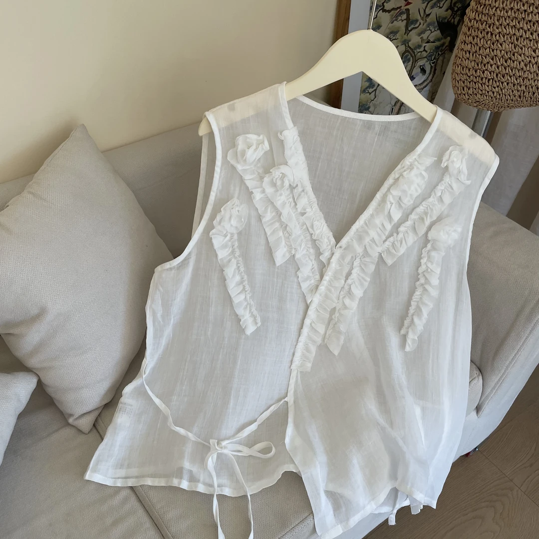 2025新款100%苎麻V领斜襟无袖小衫纯色仙女风衬衫麻料碎花上衣