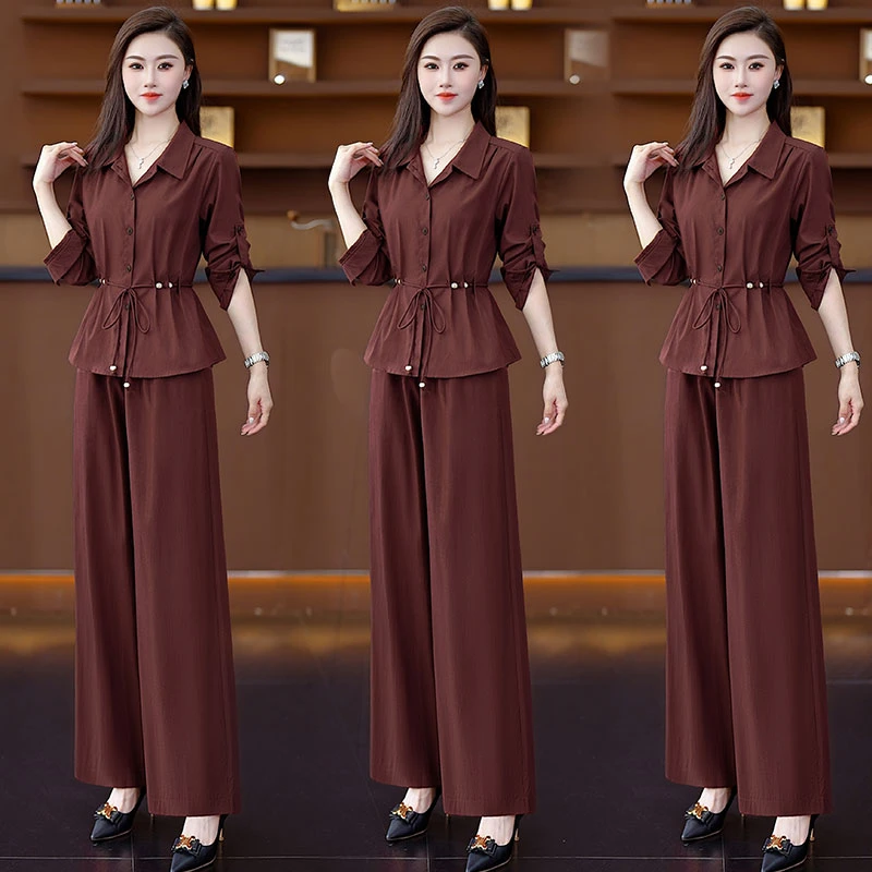 时尚套装女2025秋季新款洋气收腰显瘦减龄长袖上衣阔腿裤两件套潮