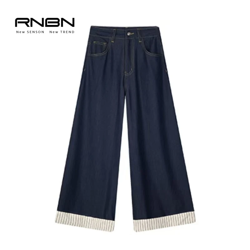 RNBN复古拼接阔腿裤高腰显瘦宽松百搭条纹卷边牛仔裤