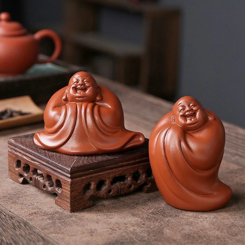 紫砂创意精品茶宠可养招财小号弥勒佛笑佛摆件手工可爱陶瓷摆设