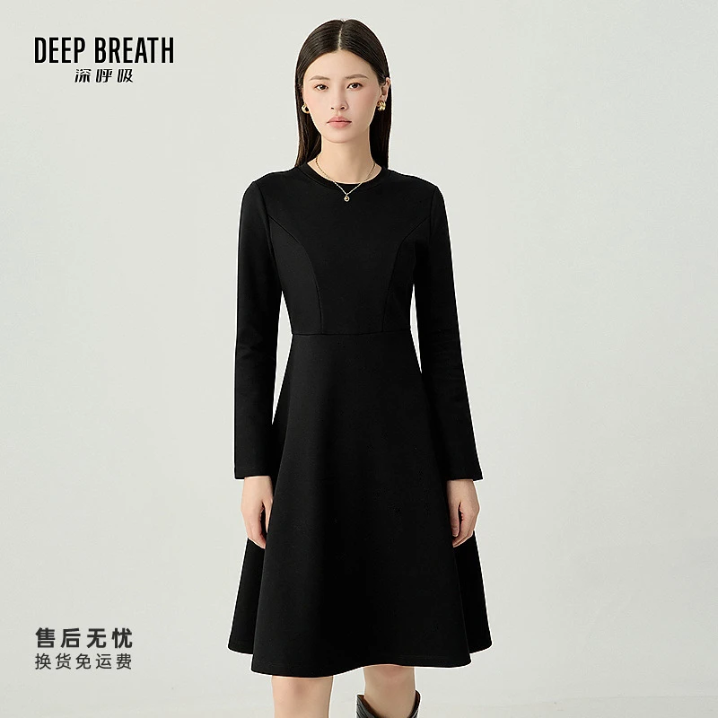 DEEP BREATH深呼吸女装新款简约圆领长袖收腰大摆连衣裙A500491