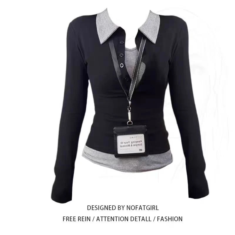 9239#设计感撞色拼接假两件长袖T恤2025秋款修身显瘦巨好看上衣女