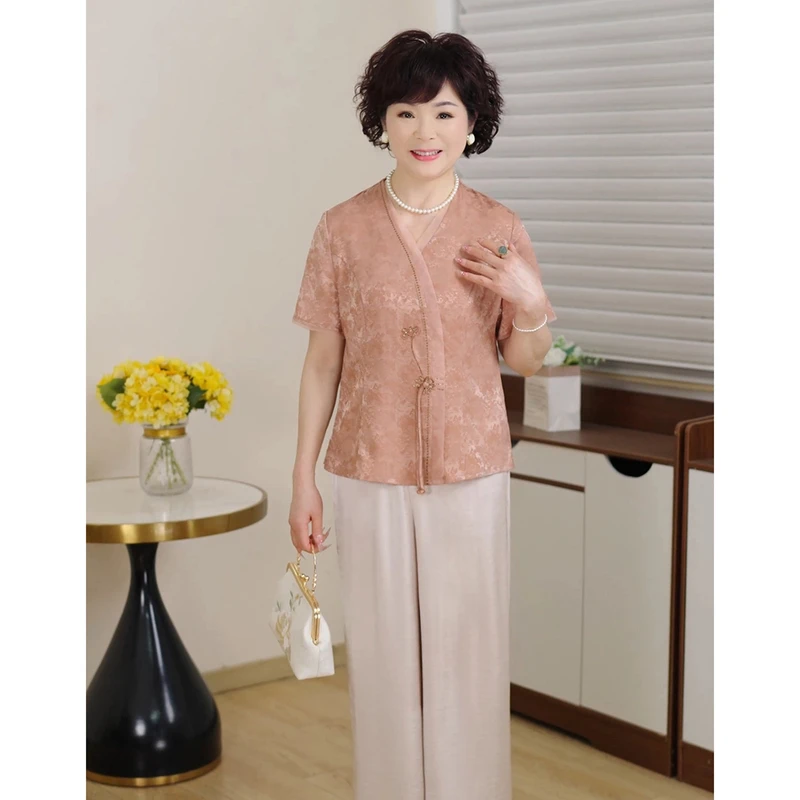 中年妈妈夏新款洋气中老年时尚大码新中式袖显瘦上衣套装