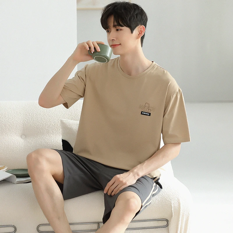 2025夏季新款男士爽棉短袖短裤睡衣简约印花高档家居服套装可外穿