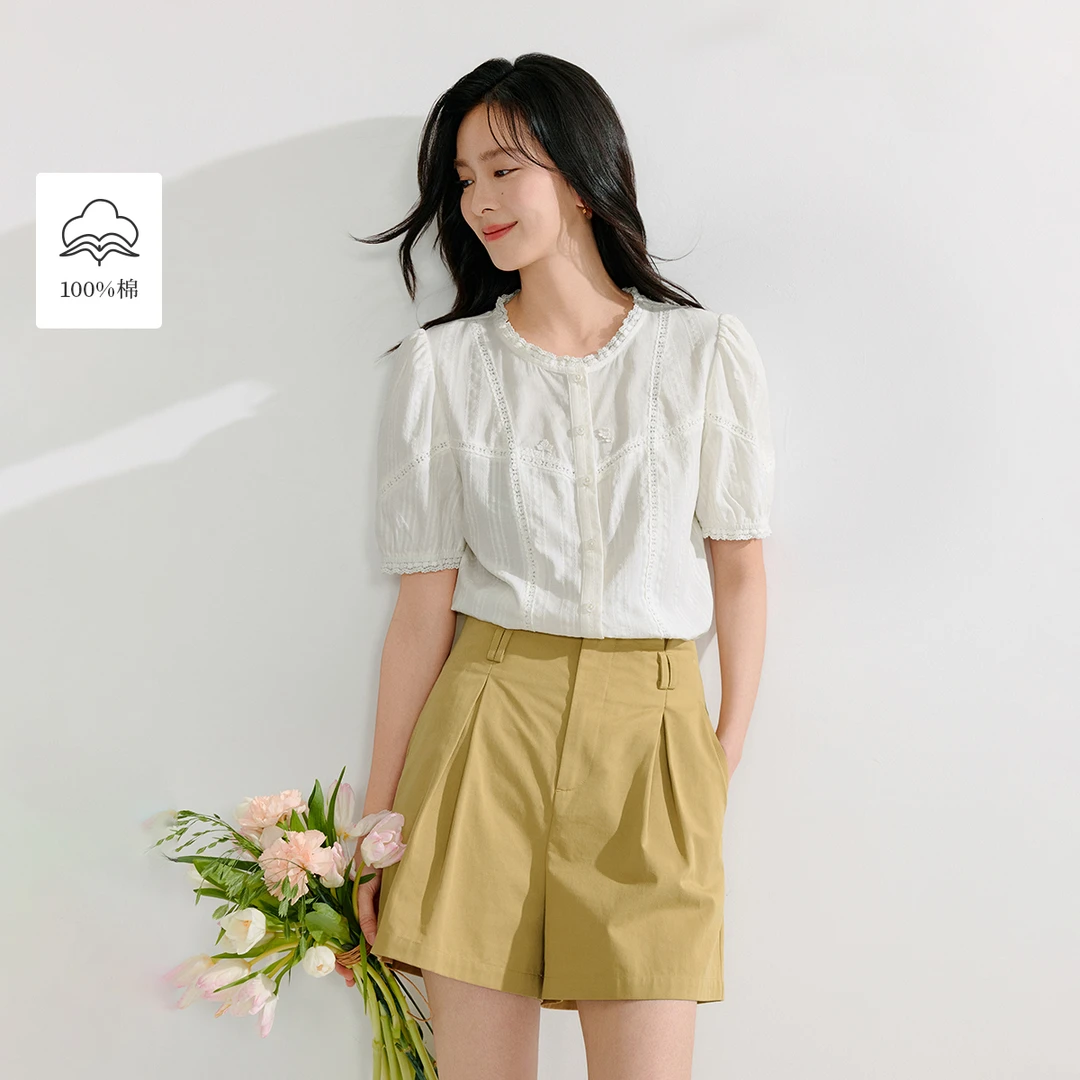 茵曼2025夏季新款女装白色舒适时尚休闲简约简约短袖衬衫女款