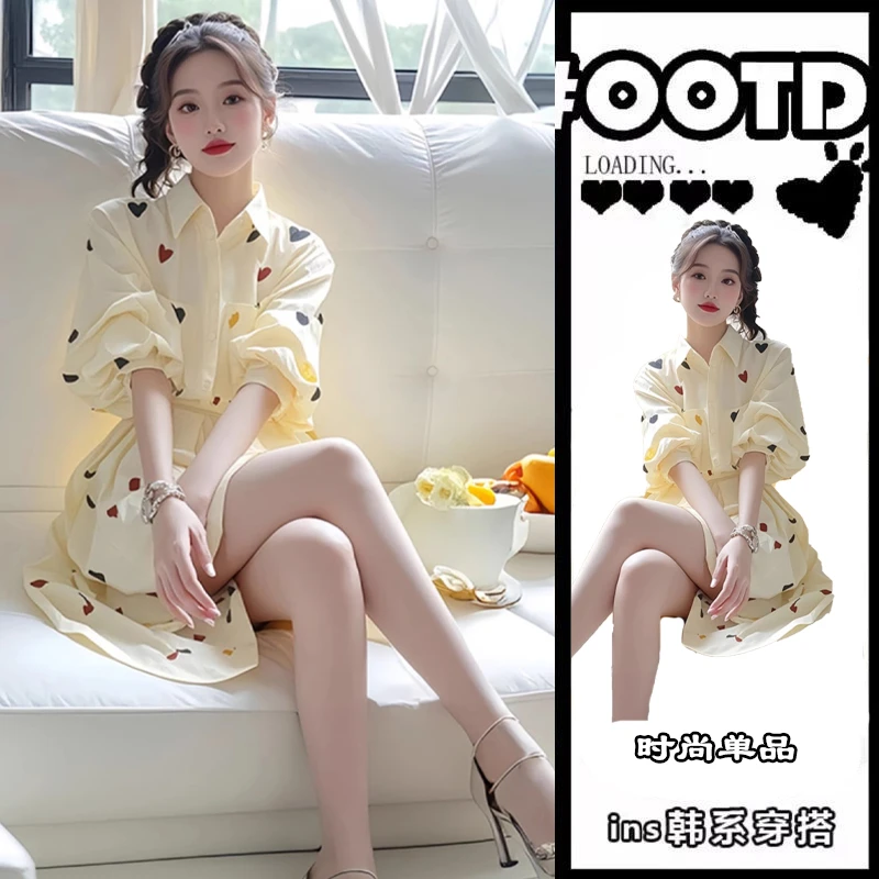 独特超好看气质印花连衣裙女装2025春季新款减龄小清新衬衫短裙子