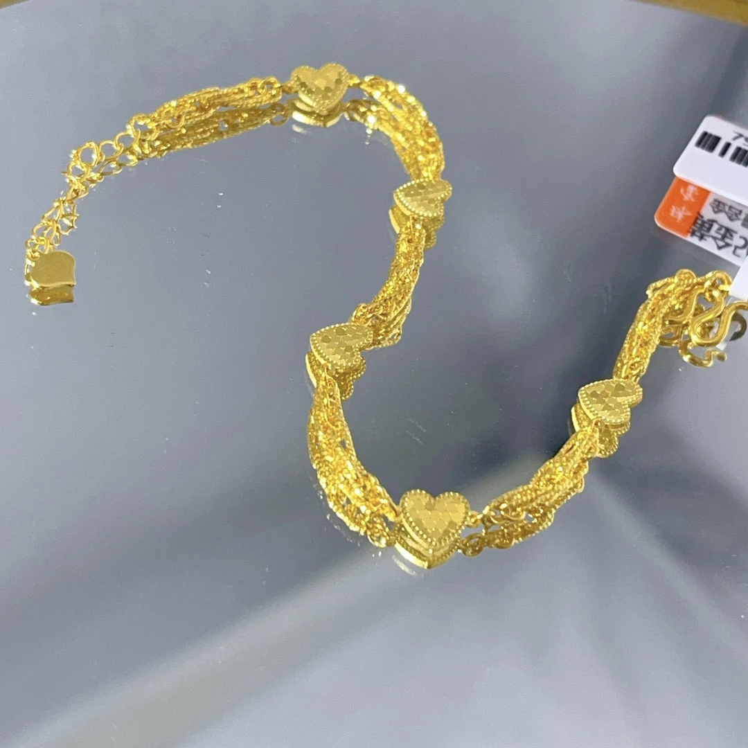 足金999鱼鳞爱心黄金手链5G精工