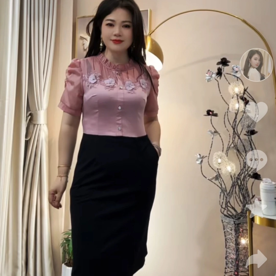 【俊端推荐】2025新款短袖拼接木耳圆领假两件气质女修身弹力连衣裙