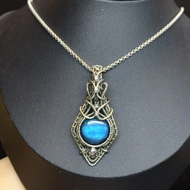 月光石/天河石/长石（处理）不锈钢纯手工制作吊坠535