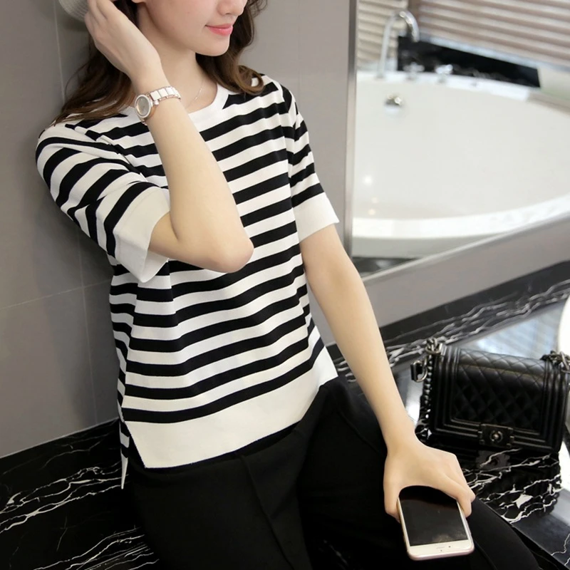 夏装宽松短款大码女装潮韩版打底衫条纹短袖开叉时尚洋气上衣女